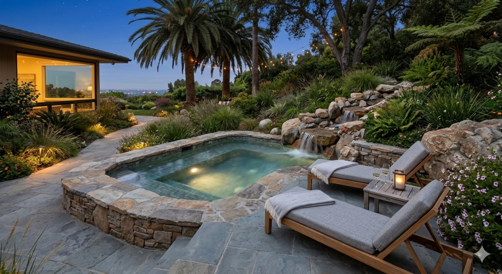 In-ground hot tub built into a backyard stone patio