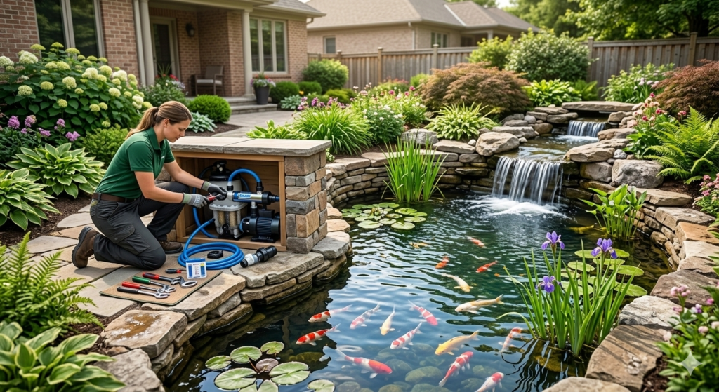 Professional maintenance of a residential koi pond and waterfall water feature.