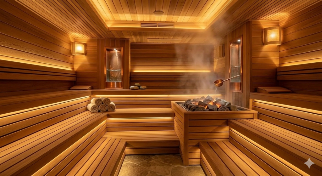 Wooden sauna interior with heated stones and benches