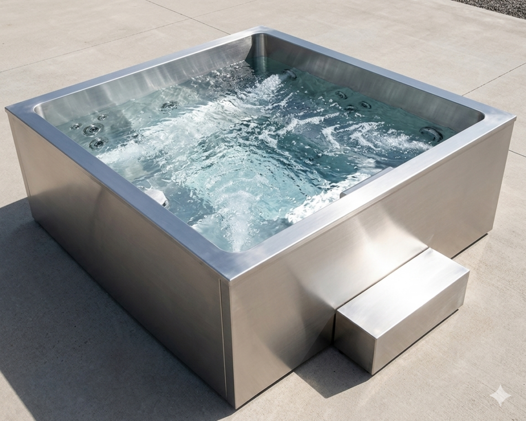 Stainless steel hot tub with bubbling jets installed on a backyard deck.
